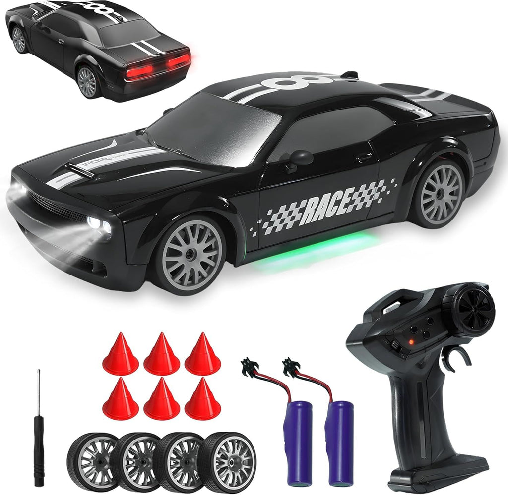 1:20 RC Drift Car - 2.4G Drifting Car with Dual Tire System & LED Lights, 20+KM/H, 50-Minute Playtime, Racing Toy Remote Control for Adults Boys Girls 2pcs Rechargeable Batteries  Black