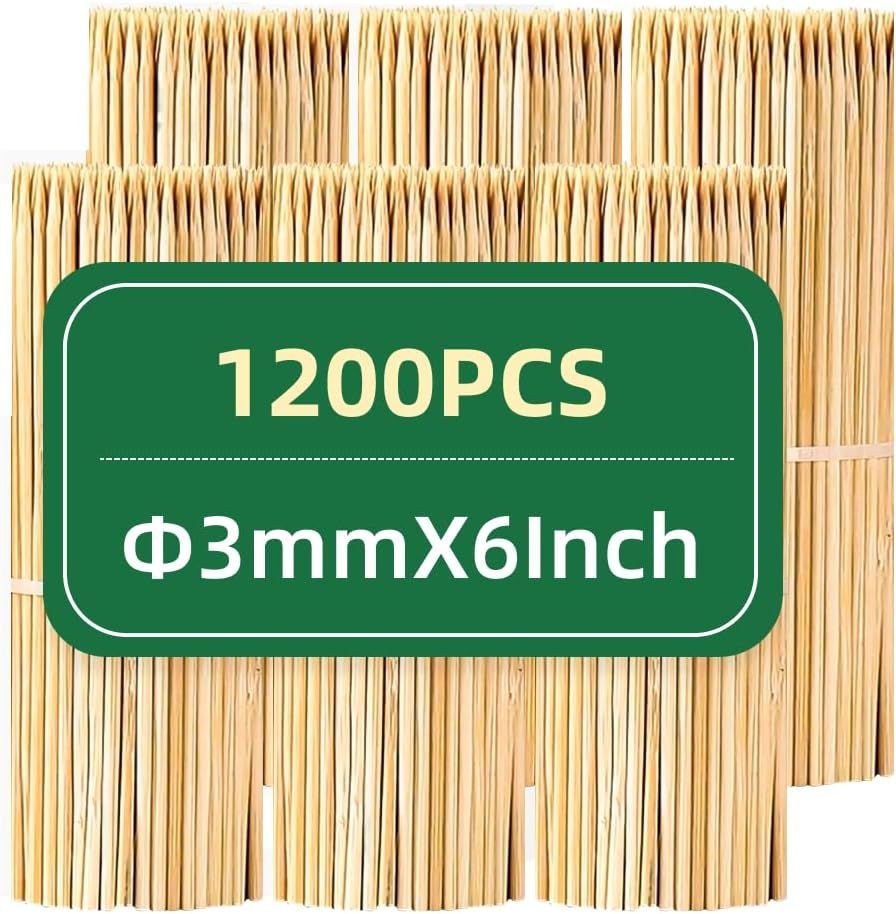 1200PCS 6 inch Bamboo Skewers for wooden sticks, BBQ, Appetiser, Fruit, Cocktail, Kabob, Chocolate Fountain, Grilling, Kitchen, crafting and Party. Φ=3mm, More Size Choices 6"/8"/10"/12"/36"