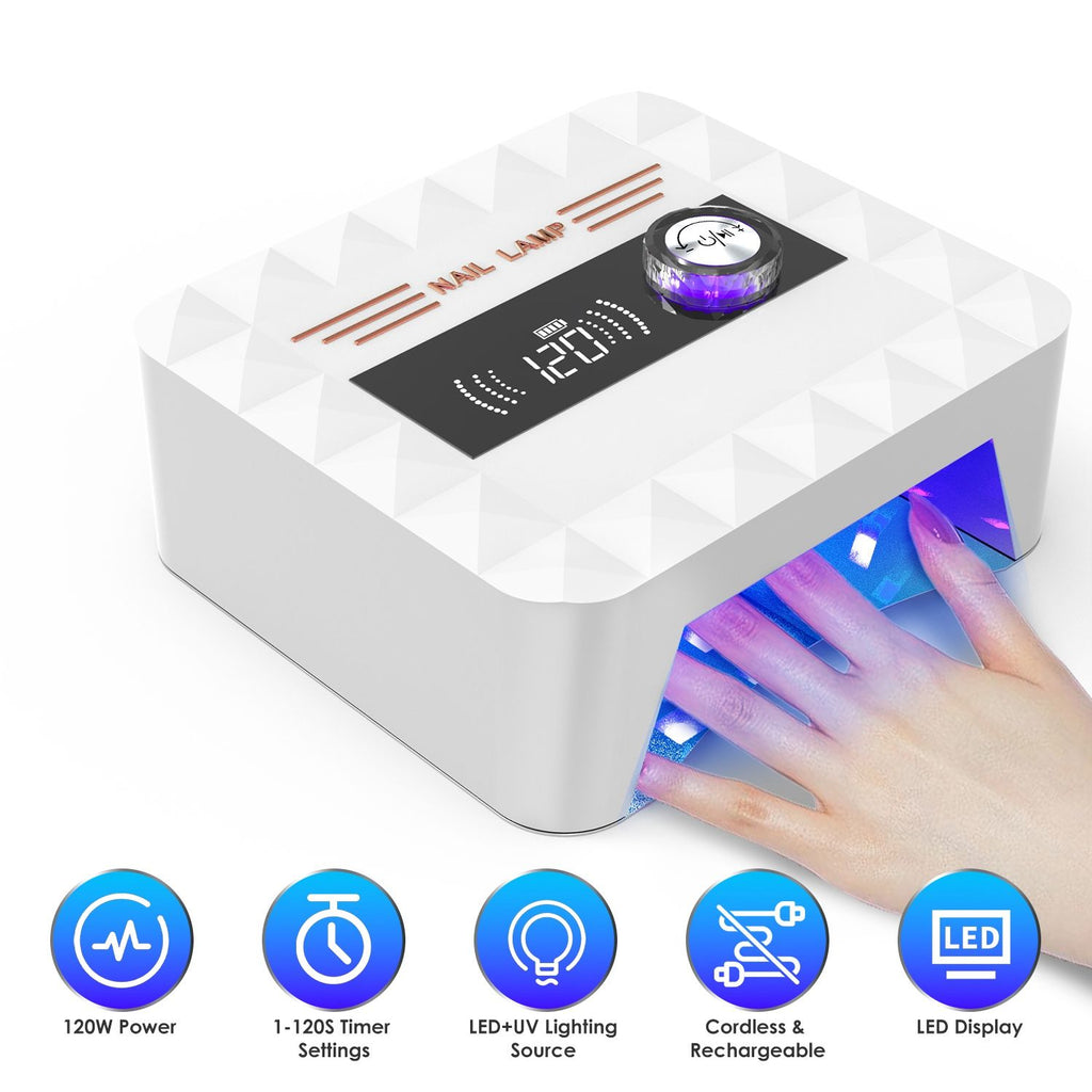 120W Cordless UV Nail Lamp Rechargeable Gel Curing Lamp Gel Polish Light Nail Dryer with LED Display 1-120S Timer Settings 30 LED Beads for Salon and Home GPCT5341