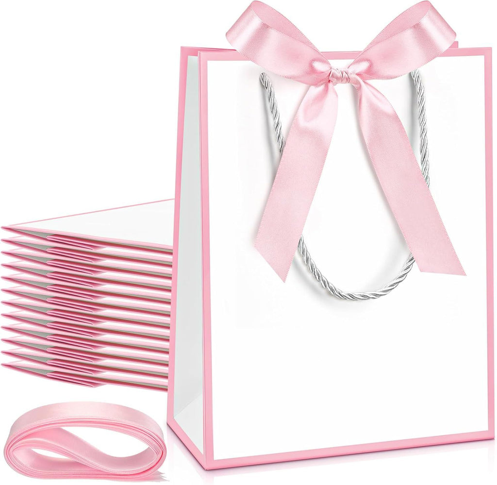 12/24 Pack Paper Gift Bags with Handle 9x7x3.15'' Thank You Gift Bags with Bow Ribbon for Holiday Valentines Wedding Bridal Baby Shower Birthday Party