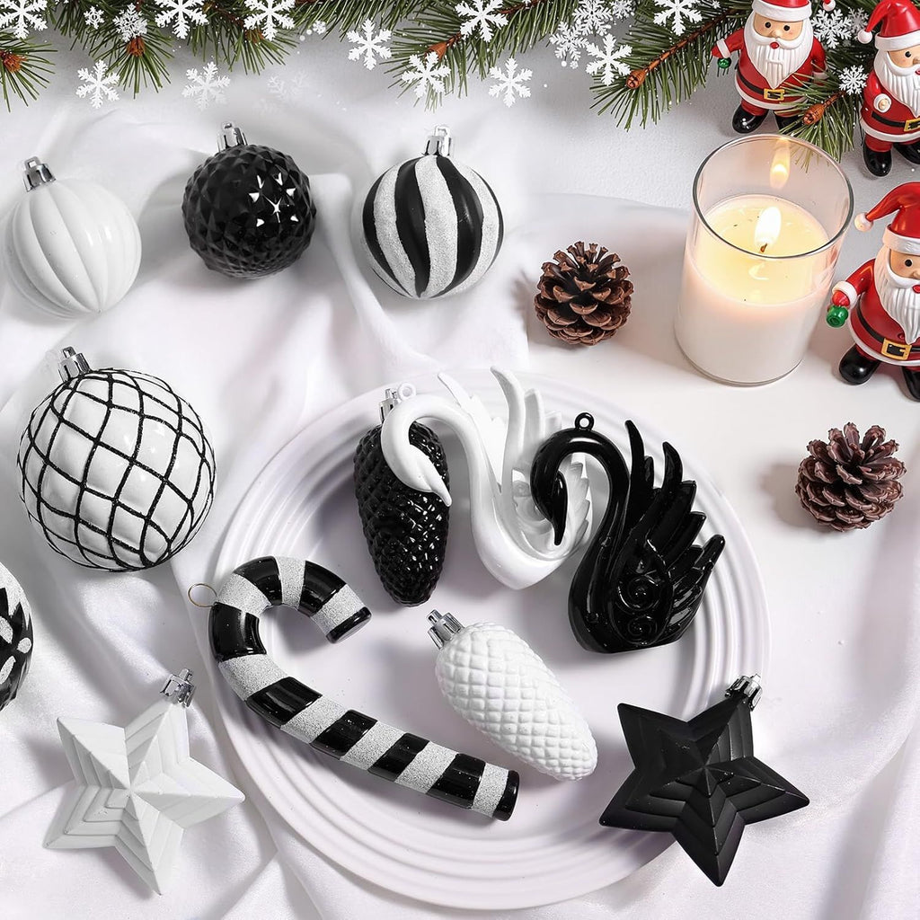 128pcs Christmas Balls Ornaments Set, Shatterproof Plastic Baubles Christmas Flowers, Ribbon Tree Topper for Xmas Tree Holiday Wedding Party Decorations with Hanging Strings, White and Silver