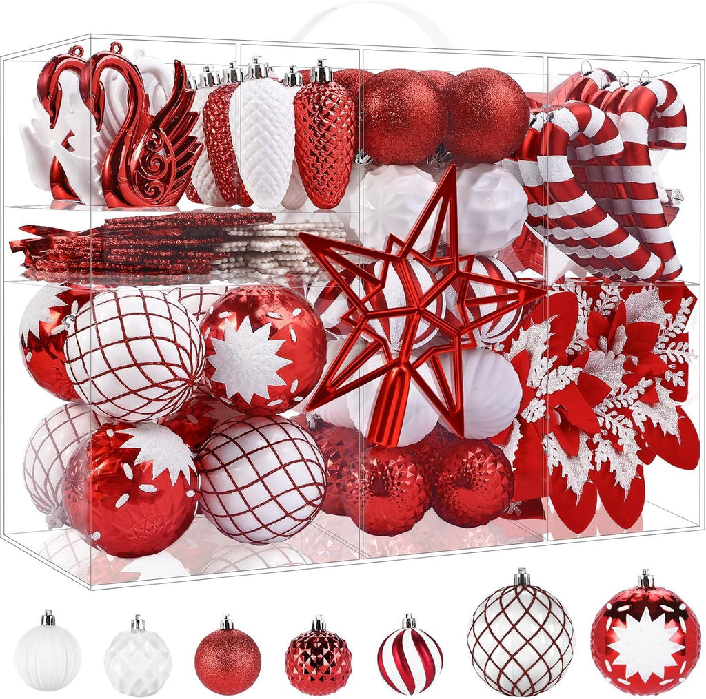 128pcs Christmas Balls Ornaments Set, Shatterproof Plastic Baubles Christmas Flowers, Ribbon Tree Topper for Xmas Tree Holiday Wedding Party Decorations with Hanging Strings, White and Silver