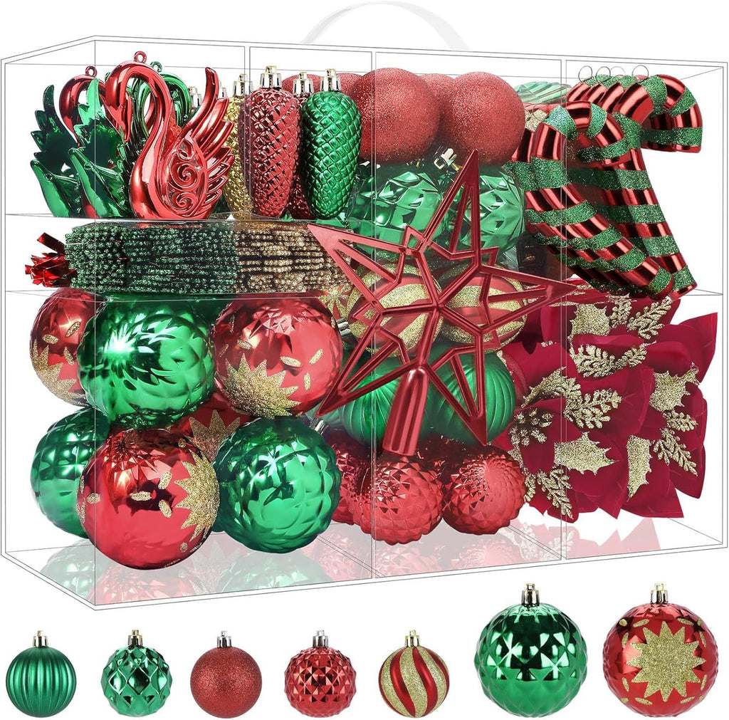 128pcs Christmas Balls Ornaments Set, Shatterproof Plastic Baubles Christmas Flowers, Ribbon Tree Topper for Xmas Tree Holiday Wedding Party Decorations with Hanging Strings, White and Silver