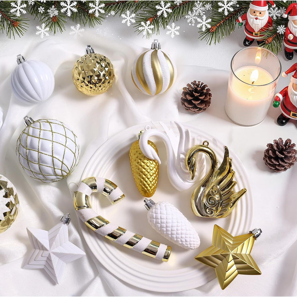 128pcs Christmas Balls Ornaments Set, Shatterproof Plastic Baubles Christmas Flowers, Ribbon Tree Topper for Xmas Tree Holiday Wedding Party Decorations with Hanging Strings, White and Silver
