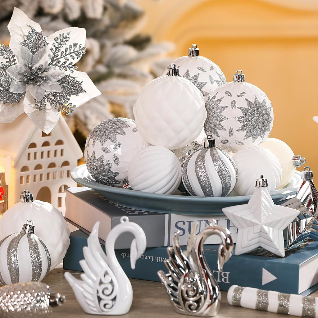 128pcs Christmas Balls Ornaments Set, Shatterproof Plastic Baubles Christmas Flowers, Ribbon Tree Topper for Xmas Tree Holiday Wedding Party Decorations with Hanging Strings, White and Silver