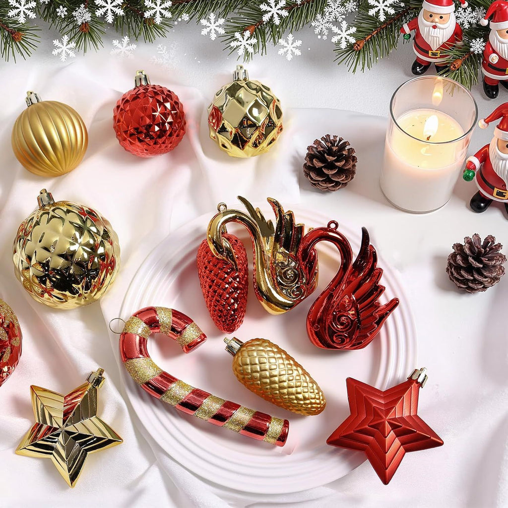 128pcs Christmas Balls Ornaments Set, Shatterproof Plastic Baubles Christmas Flowers, Ribbon Tree Topper for Xmas Tree Holiday Wedding Party Decorations with Hanging Strings, White and Silver