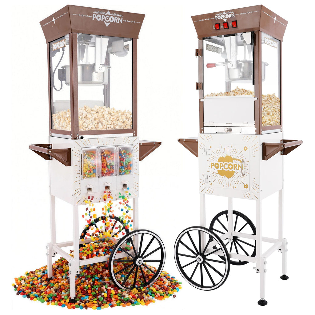 12oz Commercial Popcorn Machine with Cart, 3 Control Buttons Electric Popcorn Maker, Comes with 3 Candy Storage Boxes & 3 Plastic Spoons, Retro Popcorn Popper for Movie Theater Snack Bar.