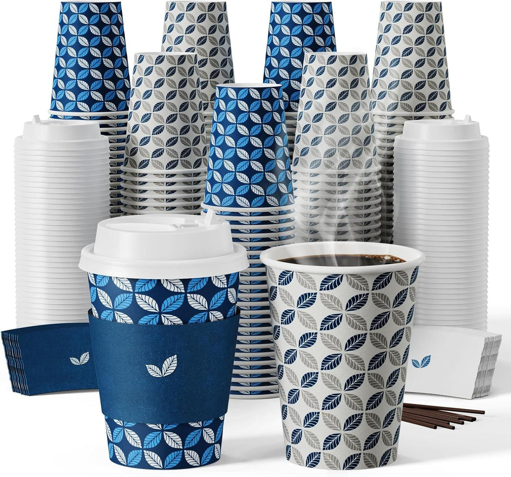 12oz Paper Coffee Cups 400 Pack, Disposable To Go Coffee Cups with Lids, Sleeves and Stirrers for Thanksgiving, Christmas and More