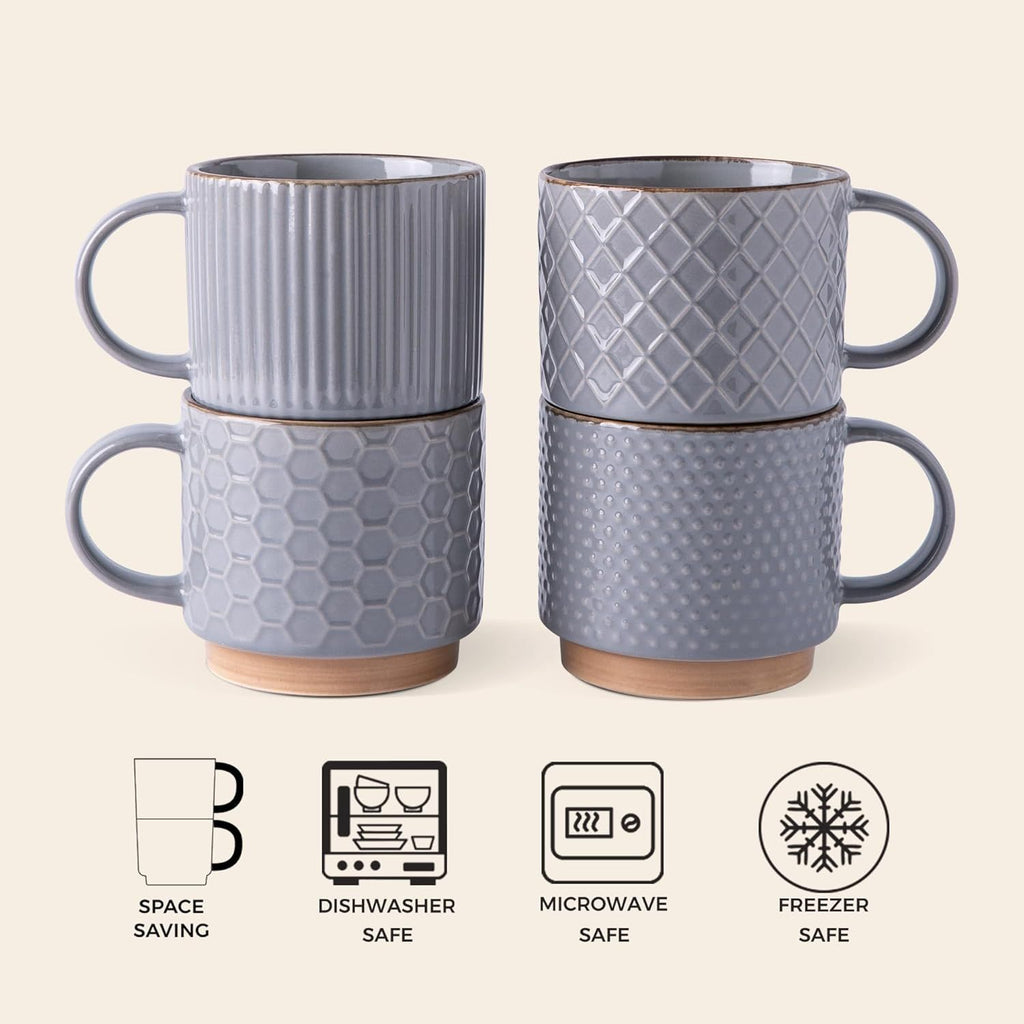 12OZ Stackable Coffee Mugs, Ceramic Coffee Mugs with Texture Patterns for Man,Woman,Dad,Mom, Modern Coffee Cups Set of 4 for Latte/Cappuccino/Cocoa. Dishwasher&Microwave Safe, Gray
