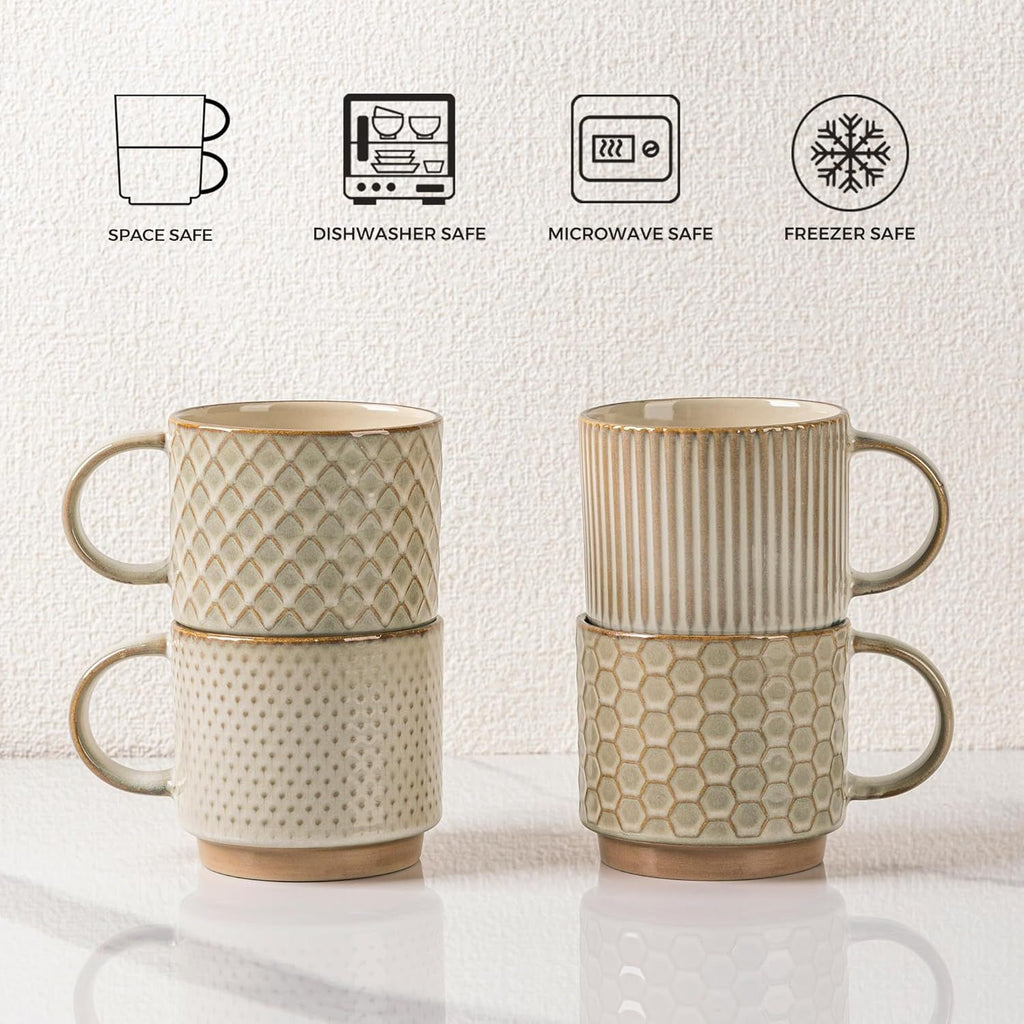12OZ Stackable Coffee Mugs, Ceramic Coffee Mugs with Texture Patterns for Man,Woman,Dad,Mom, Modern Coffee Mugs Set of 4 for Latte/Cappuccino/Cocoa. Dishwasher&Microwave Safe, Pale Khaki