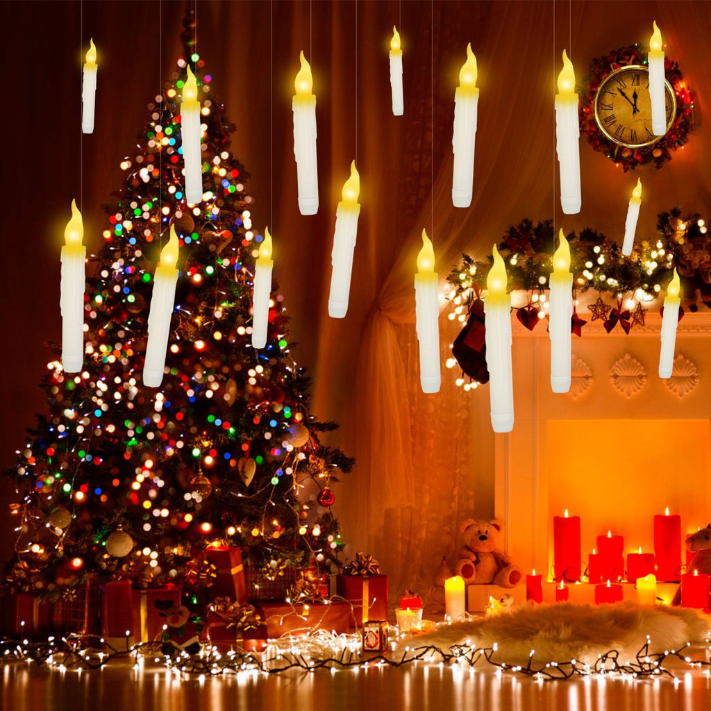 12Pcs Flameless Floating Candles LED Magic Hanging Candle Light Battery Operated Flickering Warm Light Window Candle With Magic Wand Remote for Halloween Christmas Party