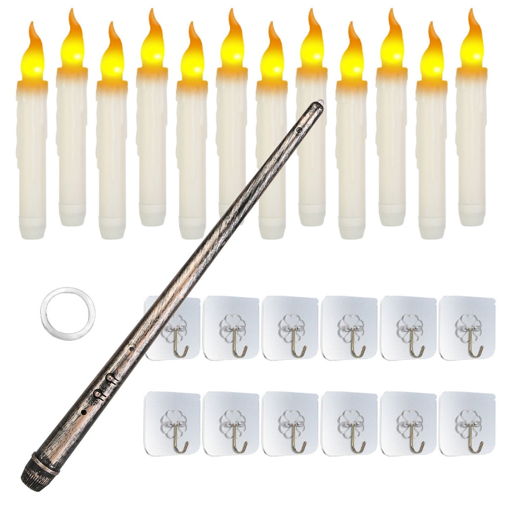 12Pcs Flameless Floating Candles LED Magic Hanging Candle Light Battery Operated Flickering Warm Light Window Candle With Magic Wand Remote for Halloween Christmas Party