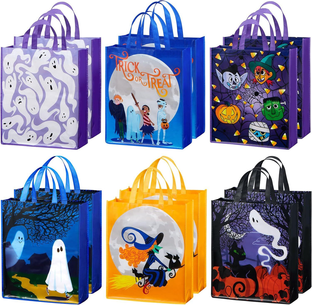 12PCS Halloween Large Treat Goody Tote Bags, 17' x 15' Halloween Candy Gift Bags Bulk, Goodie Snack Baggies for Kids Trick or Treating, School Classroom Gifts, Party Favor Supplies in 6 Designs