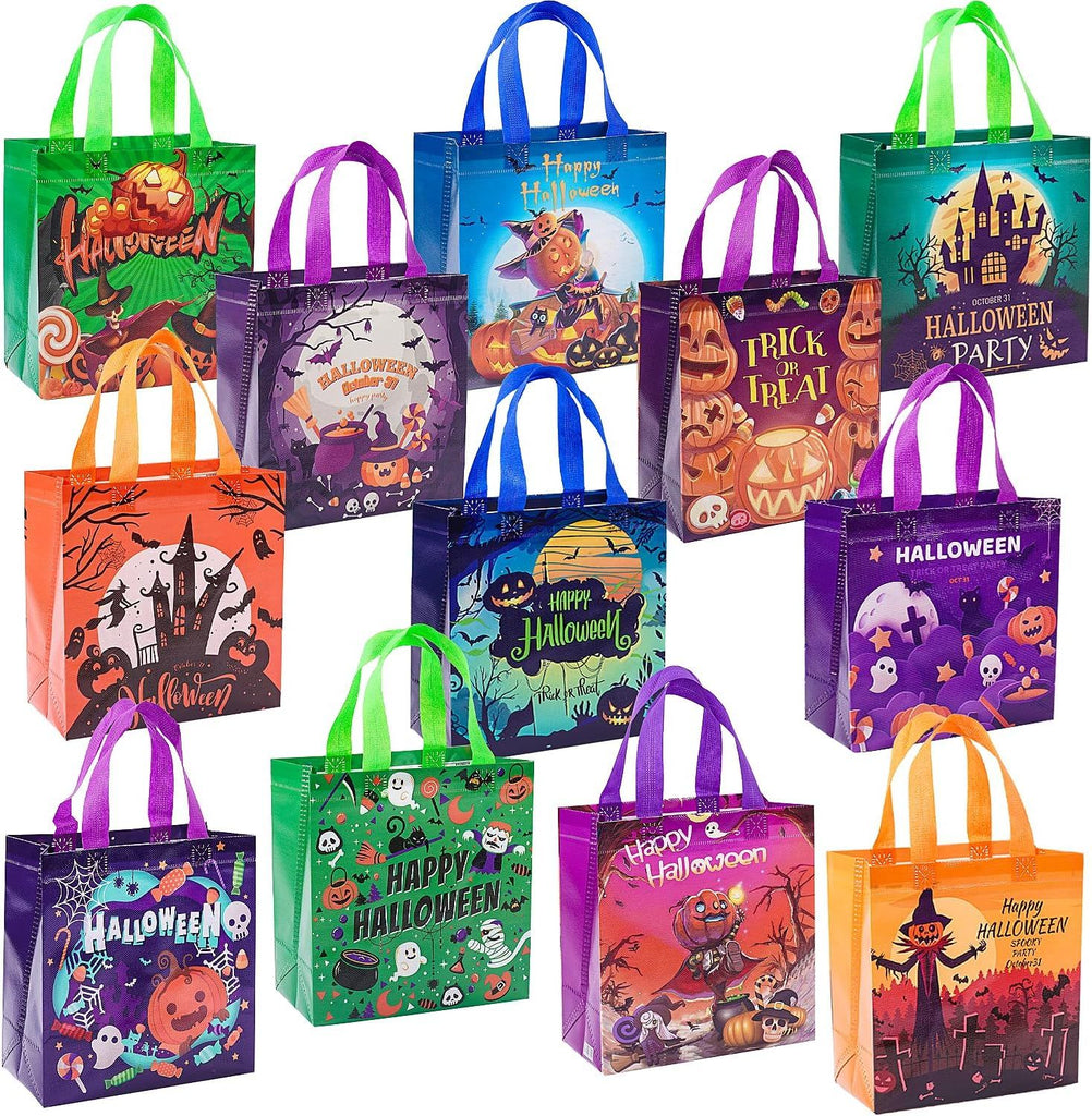 12Pcs Halloween Trick or Treat Bags, Tote Bags with Handles for Kids, Halloween Reusable Non-Woven Gift Bags for Gifts Wrapping, Party Supplies.