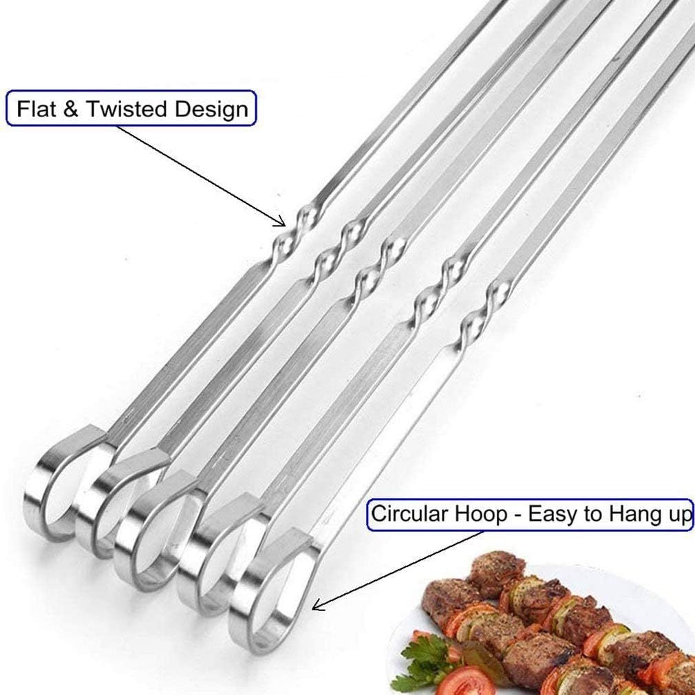 12PCS Kabob Skewers Flat Metal BBQ Barbecue Skewer 14" Long Stainless Steel Shish Kebob Sticks Wide Reusable Grilling Skewers Set for Meat Shrimp Chicken Vegetable, 12 Pack