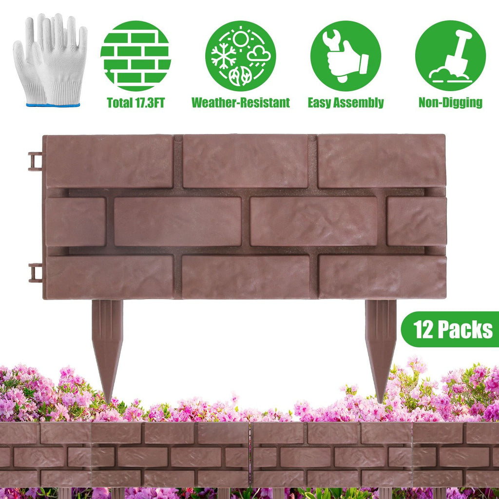 12PCS Stone Fence Edging Panels, Imitation Stone PP Garden Border with Rotatable Connectors, Easy Snap Assembly Adjustable Angle for Garden Yard Lawn Flower Bed Landscape, Red