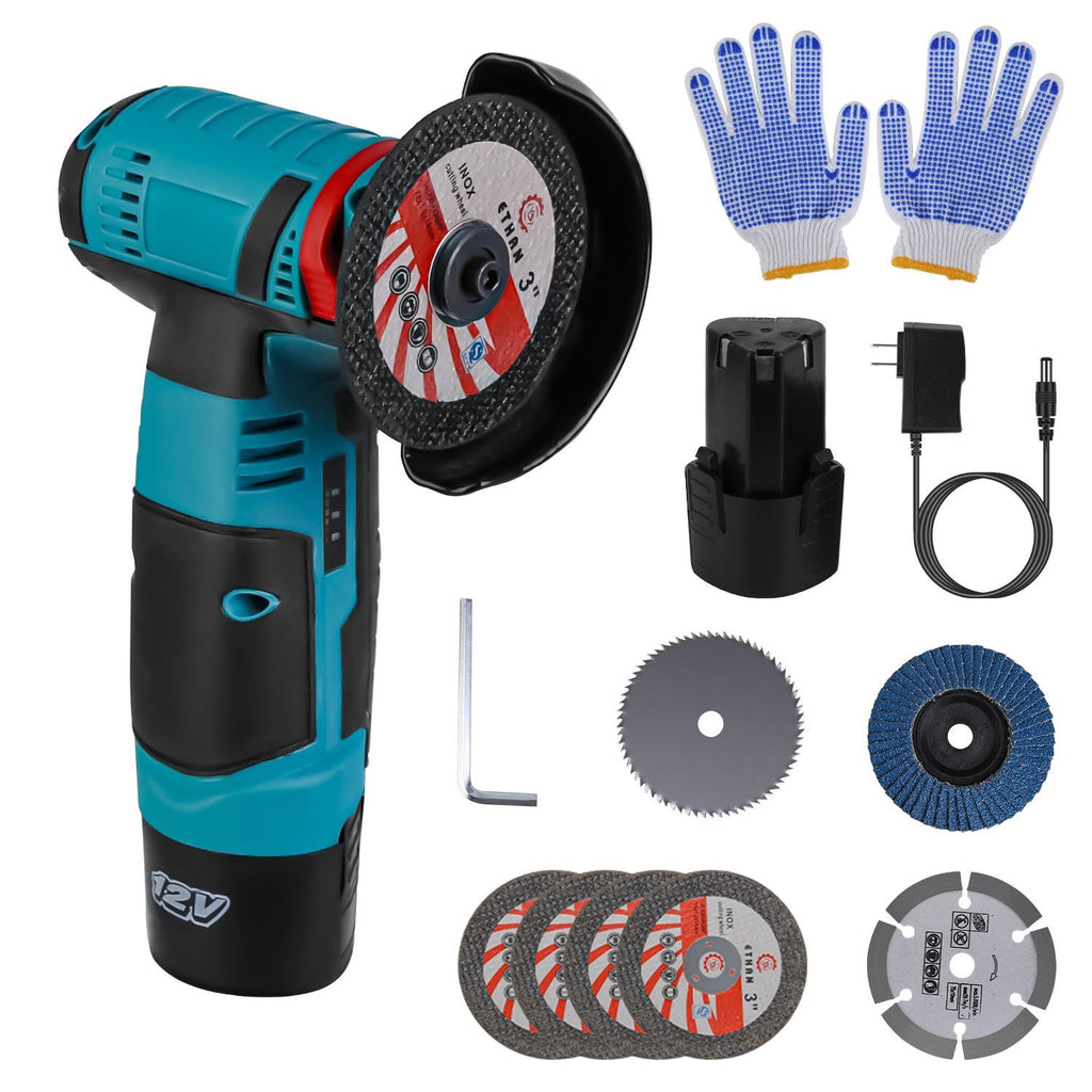 12V Cordless Mini Angle Grinder Hand Polishing Grinding Machine Cordless Cutter Grinding Tool with 7Pcs Disc 2Pcs 1100mAh Batteries and Charger Hex Key