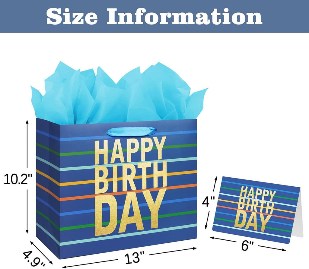 13" Large Blue Gift Bag with Tissue Paper, Card and Handles for Men's Birthday, Kids' or Baby Boy (Stripe)