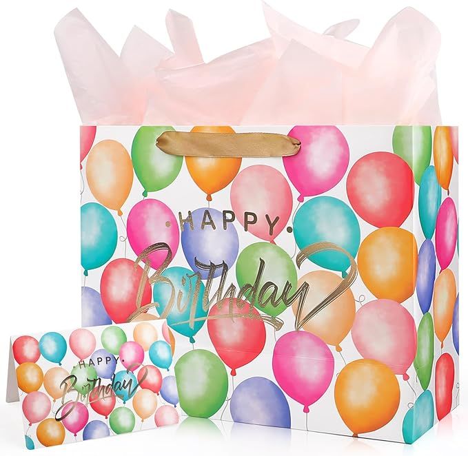 13" Large Happy Birthday Gift Bag with Tissue Paper and Card,Colorful Happy Birthday Gift Bag Set with Handles for Girls Kids Women,Colorful Balloon Design with Handles