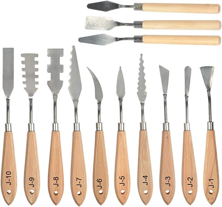 13 Pcs Palette Knife Set, Stainless Steel Spatula Knives, Wooden Handle Painting Pallet Knife Set for Oil, Acrylic Mixing, 13 Distinctive Blade Shapes