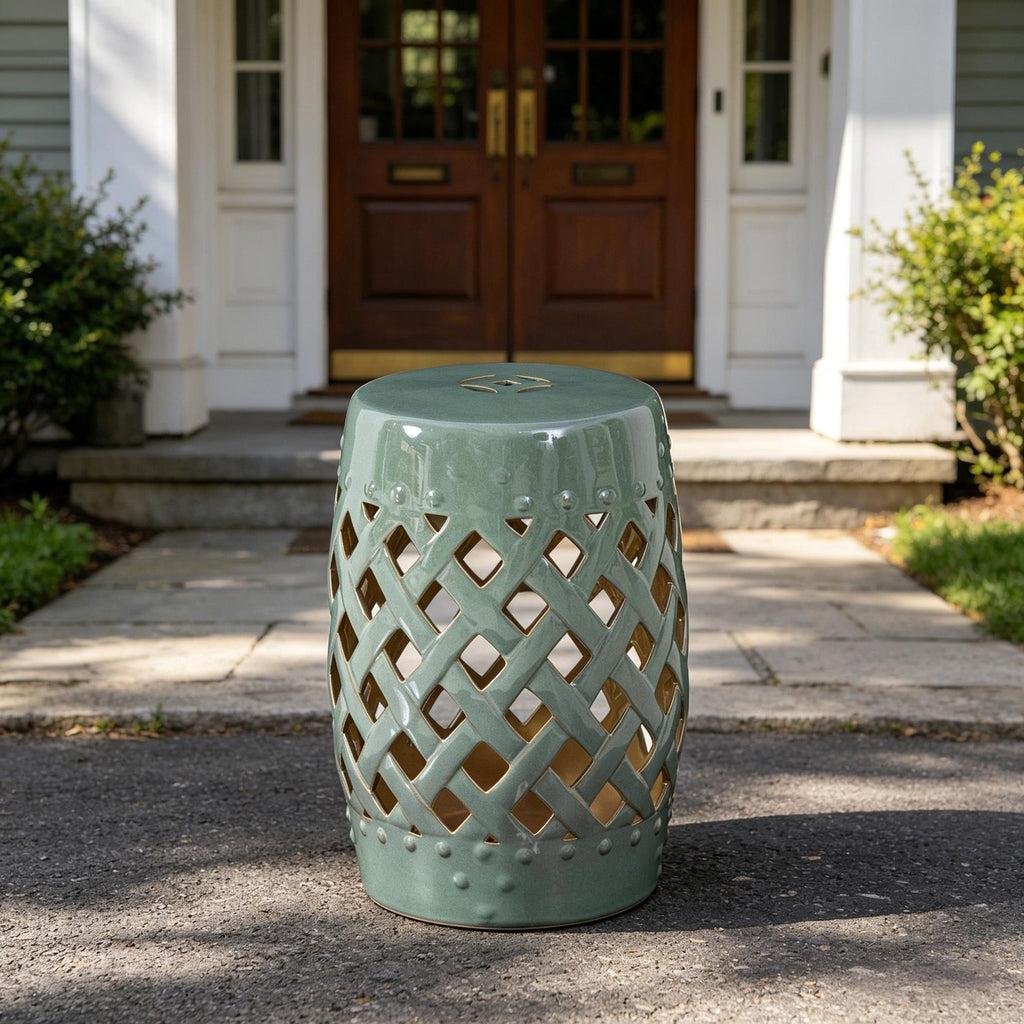 13" X 18" Green Ceramic Garden Stool Woven Lattice Design Glazed Strong Materials Decorative Outdoor Stool