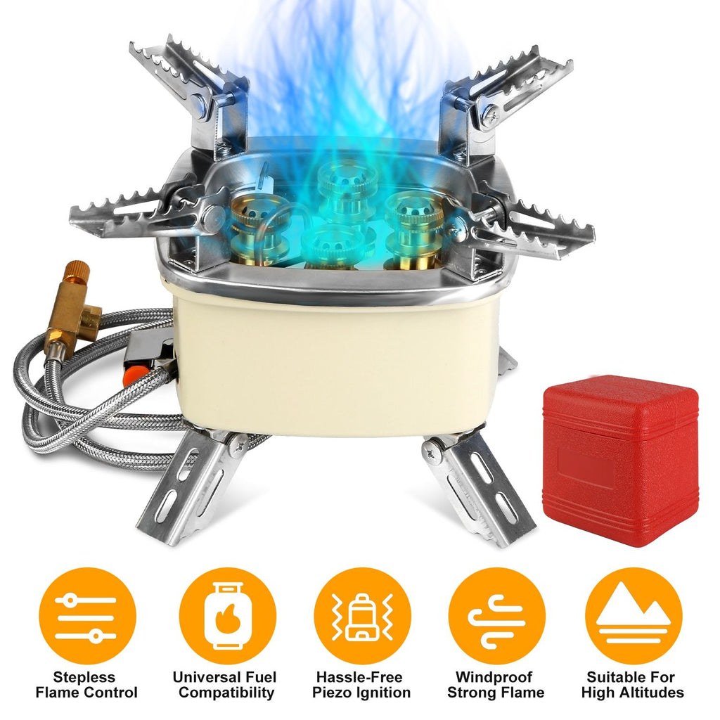 13000W Portable Windproof Camping Stove Five-head Gas Cooking Burner with Piezo Ignition Stepless Flame Control Fit For ISO-butane, Propane, Butane Fuel Tank for Backpacking Picnic Outdoor GPCT5414