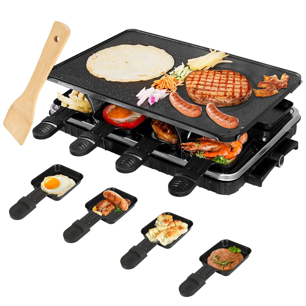 1300W Raclette Desktop Grill for 8People Non-Stick Reversible Electric Indoor Griddle with 8 Cheese Melt Pans Adjustable Temperature Dishwasher Safe Korean BBQ Grill for Party Family