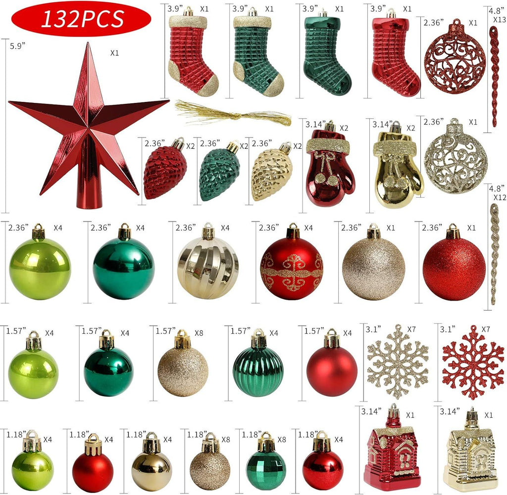 132pcs Christmas Tree Decoration Set - Red, Green & Gold Shatterproof Hanging Ornaments - Folk Art Style - Christmas, Wedding, Anniversary