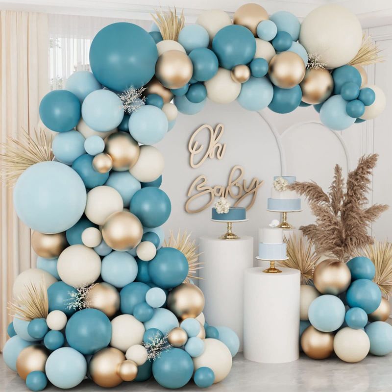 138Pcs Dusty Blue Balloons Arch Garland Kit, Dusty Baby Blue Sand White Metallic Gold Balloons for Bridal Shower Gender Reveal Birthday Baby Shower Decorations