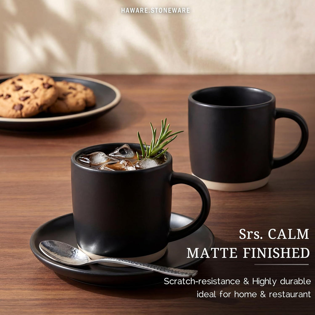 13OZ Coffee Mugs Set of 4, Stoneware Coffee Cups, Ceramic Latte Mug for Man, Woman, Dad, Mom, Modern Tea Mugs for Latte/Cappuccino/Cocoa/Milk, Dishwasher& Microwave Safe, Frosting Black