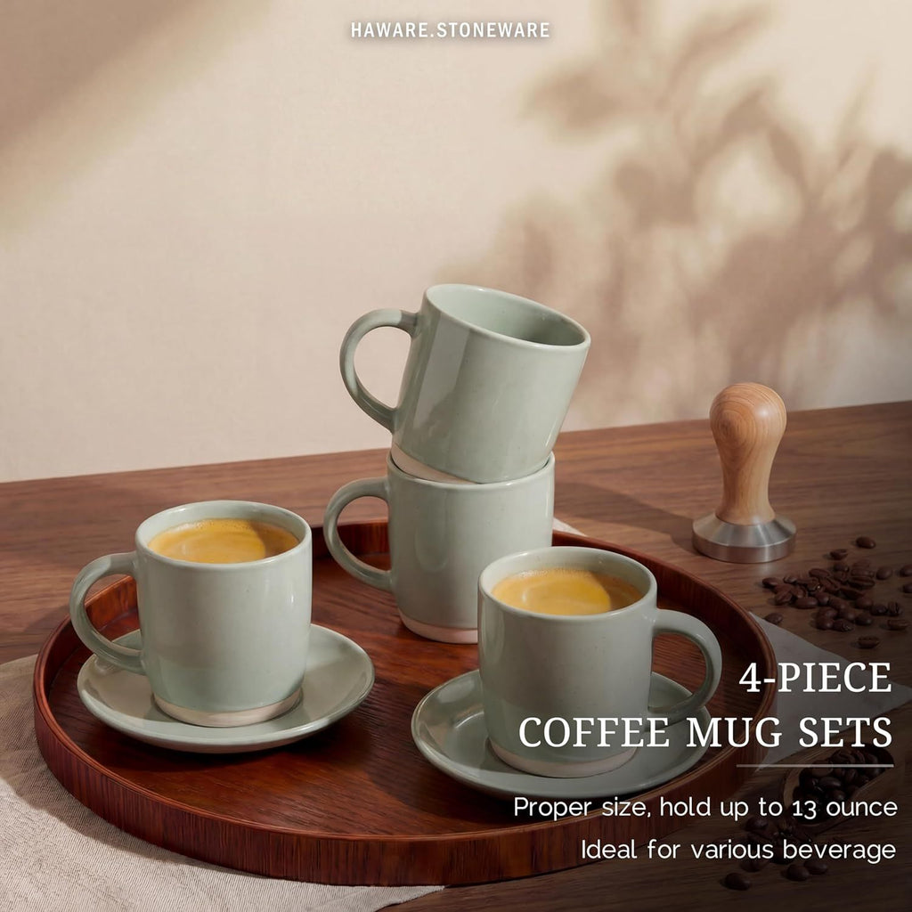 13OZ Coffee Mugs Set of 4, Stoneware Coffee Cups, Ceramic Latte Mug for Man, Woman, Modern Tea Mugs for Latte/Cappuccino/Cocoa/Milk, Dishwasher& Microwave Safe, Speckled Asparagus Green