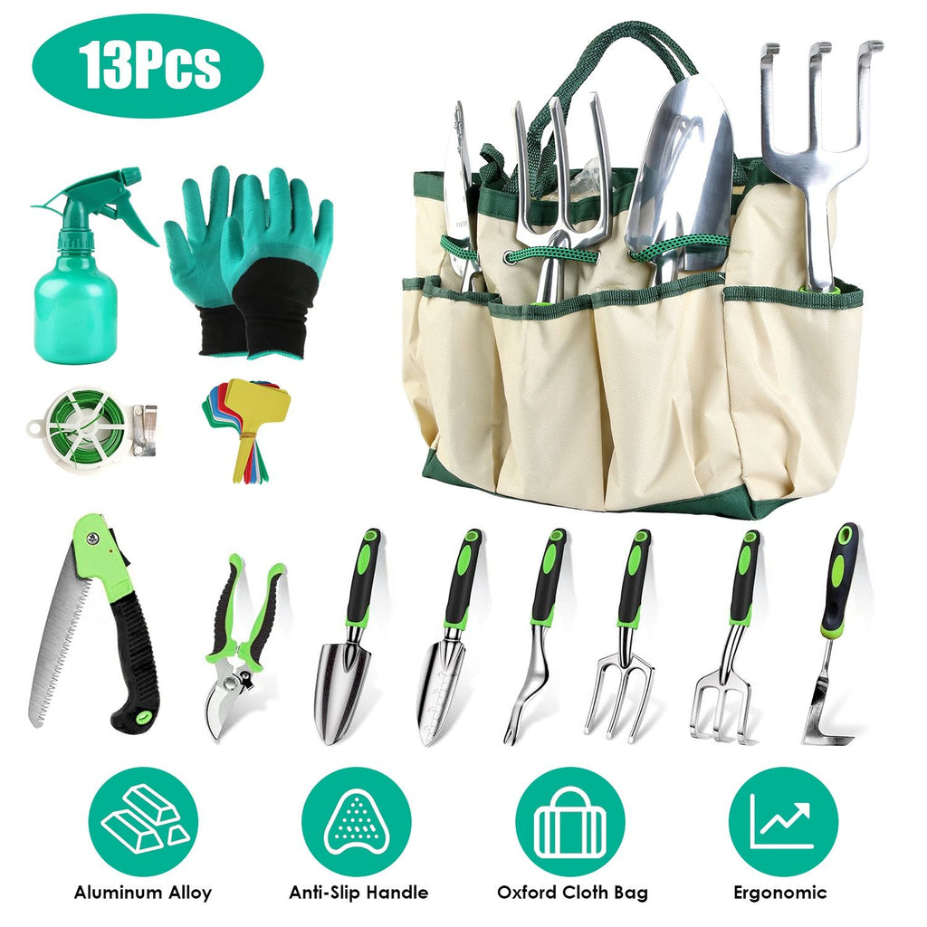13Pcs Garden Tool Set Aluminum Alloy Gardening Hand Tools Starter Kit With Garden Bag Heavy Duty Outdoor Hand Tools With Non-Slip Ergonomic Handle For Plant Gardening