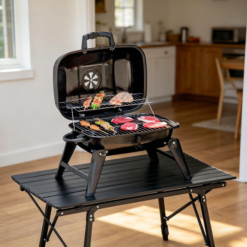 14' Portable Enamel Coated Charcoal Grill for Outdoor Cooking BBQ Camping with Folding Legs Black