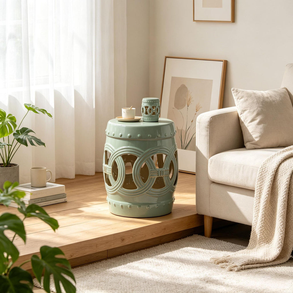 14" X 17" Green Ceramic Garden Stool with Double-Coin Knotted Ring Design Glazed Decorative Outdoor Stool