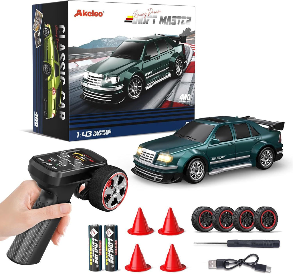 1/43 RC Drift Car with Gyroscope, 4WD Full Proportional RC Car, 2.4GHZ Hobby Grade Remote Control Cars, RTR Model Vehicle, 20+KM/H High Speed for Hobbyists Kids Adults (Green)