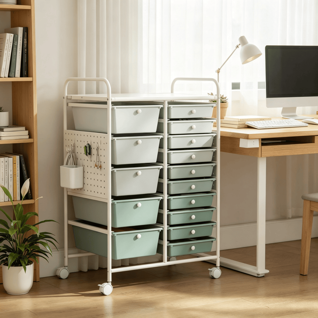 15-Drawer Rolling Storage Cart Metal Tabletop Pegboard Organization Tool Caddy for Home Garage Office