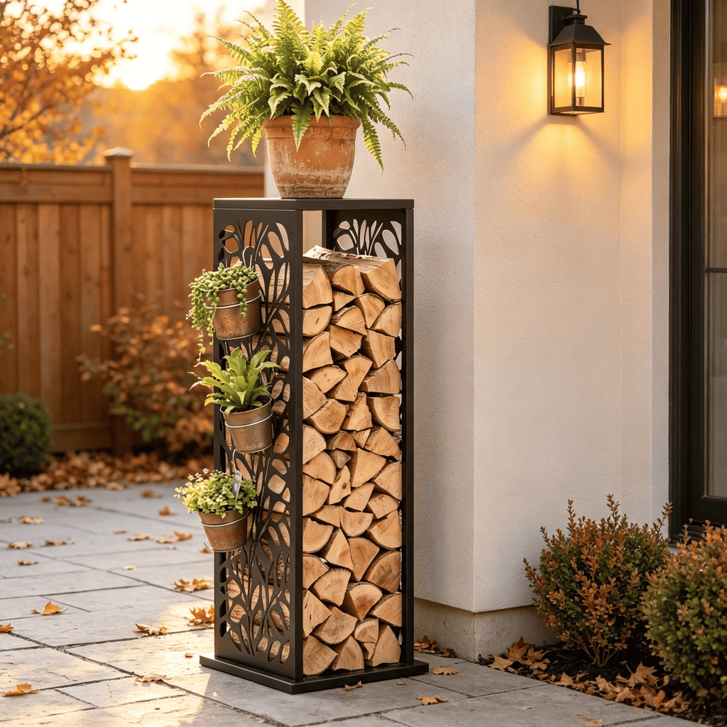 15 Inch Firewood Rack Black Galvanized Steel Outdoor Indoor Cutout Firewood Holder with Hooks Adjustable Pads