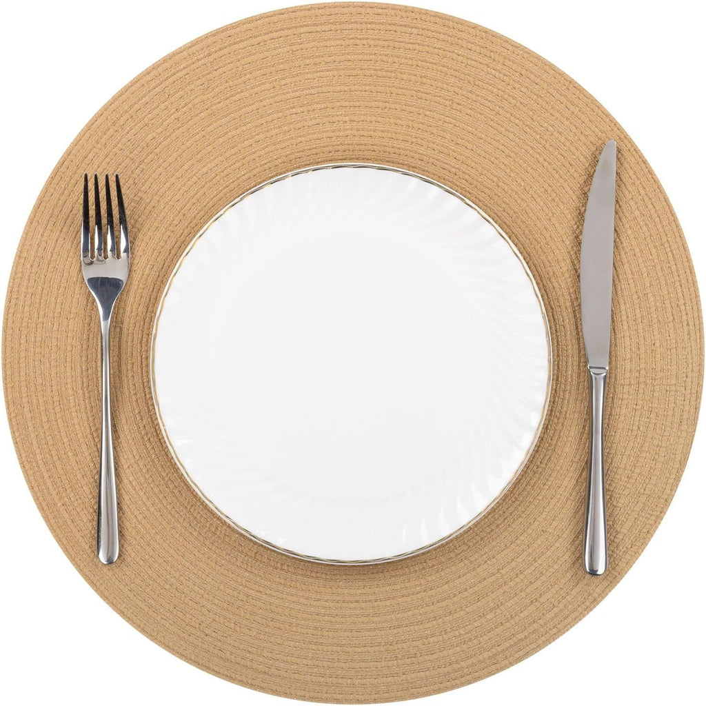 15 inch Round Braided Placemats Set of 6 Cotton Polyester Heat Resistant Round Table Mats Washable Place Mats for Dinner Party Table Decoration (Camel, 6)
