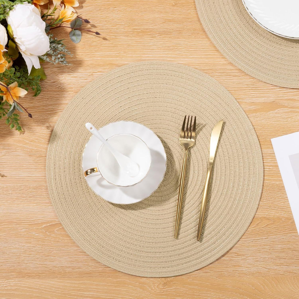 15 inch Round Braided Placemats Set of 6 Cotton Polyester Heat Resistant Table Mats Washable Place Mats for Dinner Party Table Decoration (Light Beige, 6)