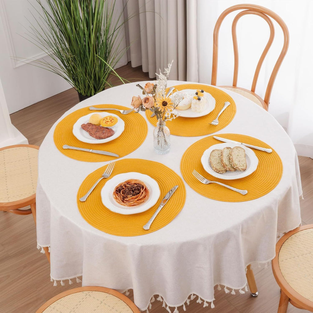 15 inch Round Braided Placemats Set of 6 Non Slip Washable Kitchen Table Place Mats Cotton Polyester Heat Resistant Table Mats for Home Wedding Dinner Party Table Decor, Mustard Yellow
