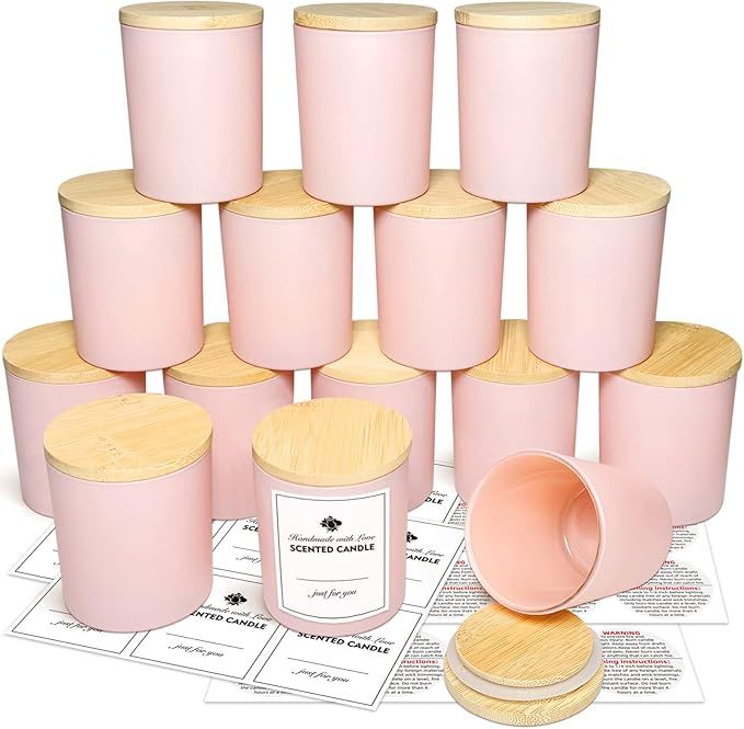 15 Pack Candle Glass Jars Pink Empty Candle Jars with Bamboo Lids and Sticky Labels