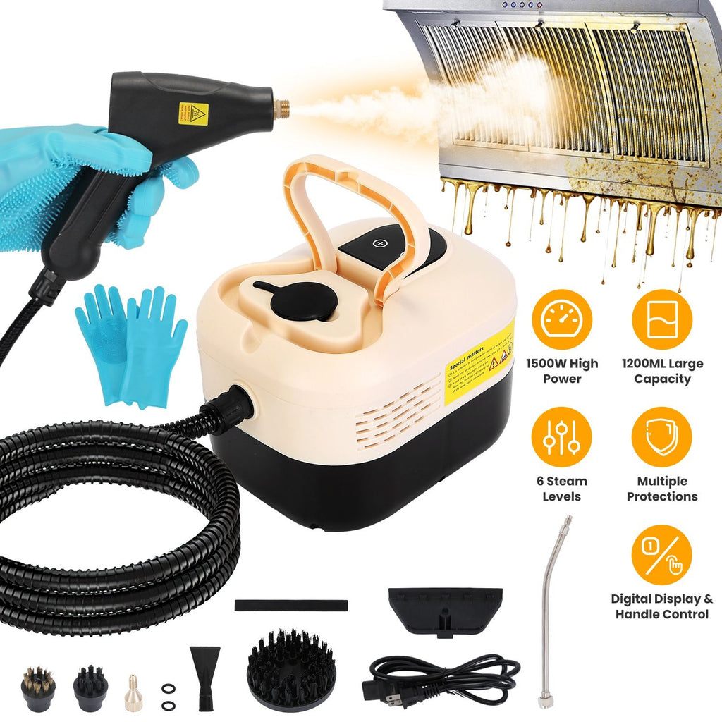 1500W Handheld High Temperature and Pressure Steamer Cleaner with 1200ML Tank 8 Accessories 6 Steam Levels Digital Display Handle Control for Dirt Grease Grout Tile Floor Couch Car