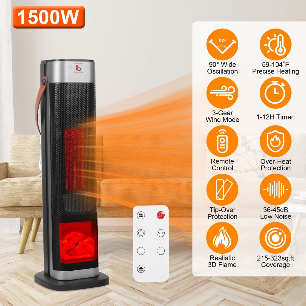 1500W Oscillating Ceramic Tower Space Heater with 3D Flame Portable Electric Heater with 3 Wind Modes 59-104°F Heating Remote Control 12H Timer Overheat Tip-Over Protection for Bedroom Office