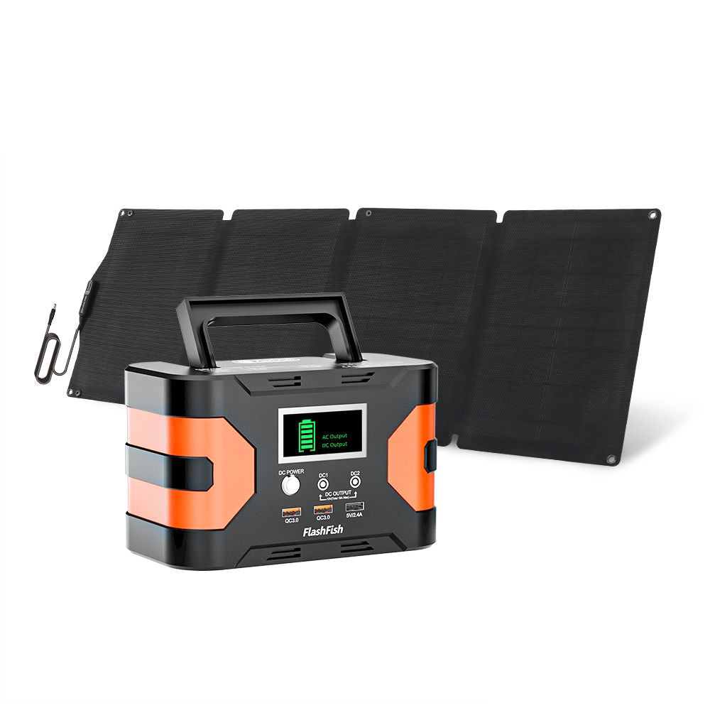 150W Portable Power Station&60W Solar Panel;  FlashFish 45000mAh Solar Generator with 60W 18V ETFE Portable Solar Panel;  Flashfish Foldable Solar Charger