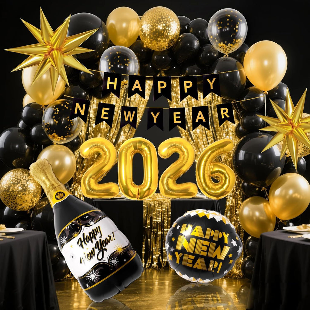 158Pcs New Years Eve Party Supplies Happy New Years Decorations Include 2026 Black Gold Confetti Balloons Fringe Curtain Banner for Nye Party Decorations
