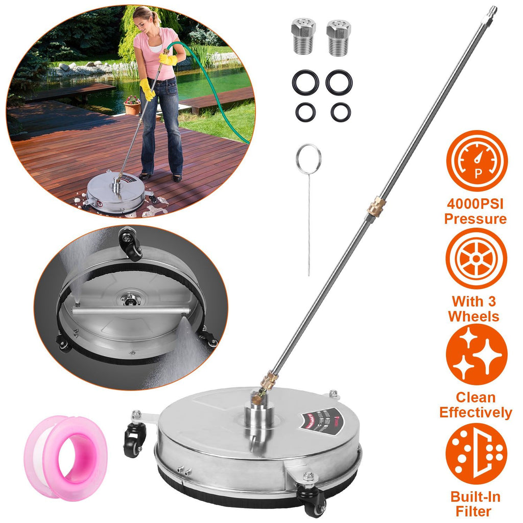 15in High Pressure Washer Flat Surface Cleaner 4000PSI Stainless Steel Disc Power Washer Broom with 3 Wheels 2 Washer Extension Wands 2 Replacement Nozzles