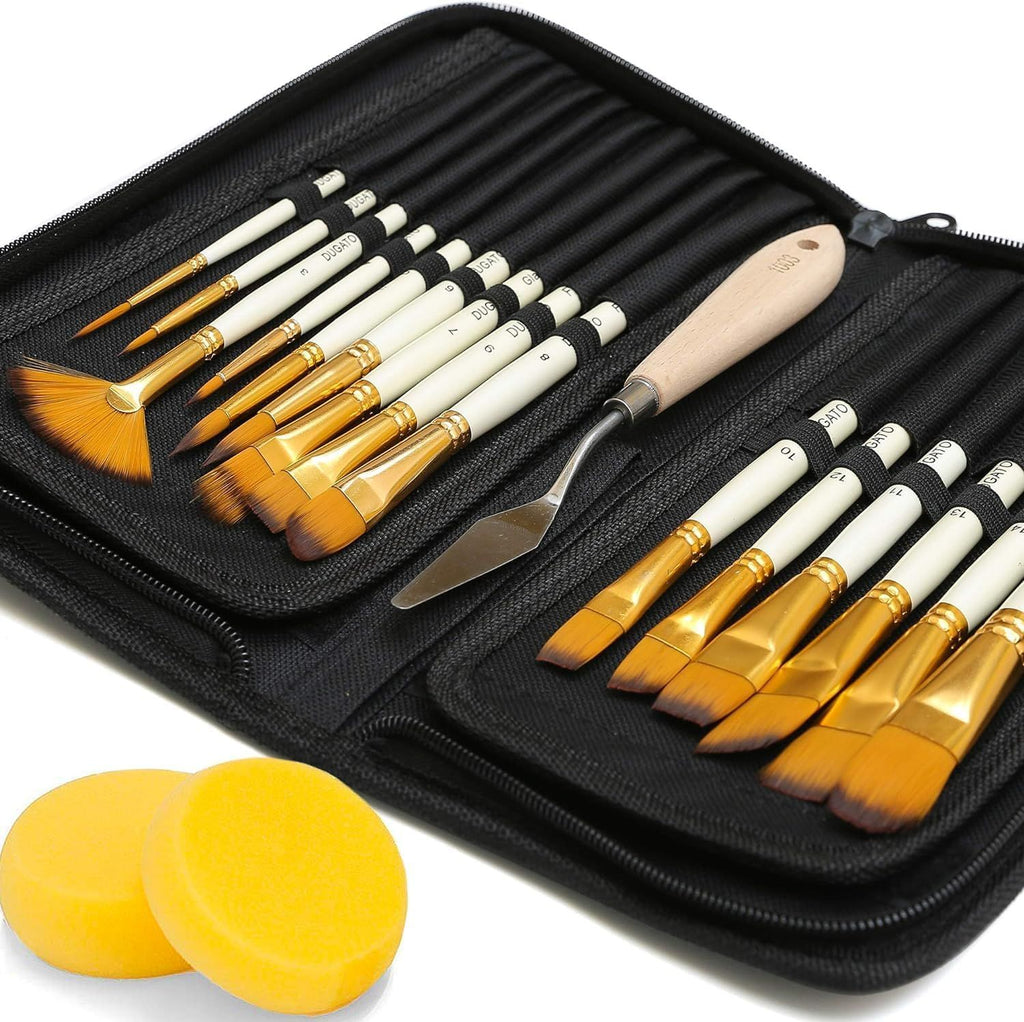 15pc Artist Paint Brush Set with Pop-Up Case, Palette Knife & Sponges - Nylon Hair for Acrylic, Oil, Watercolor, Gouache, Model & Craft Painting