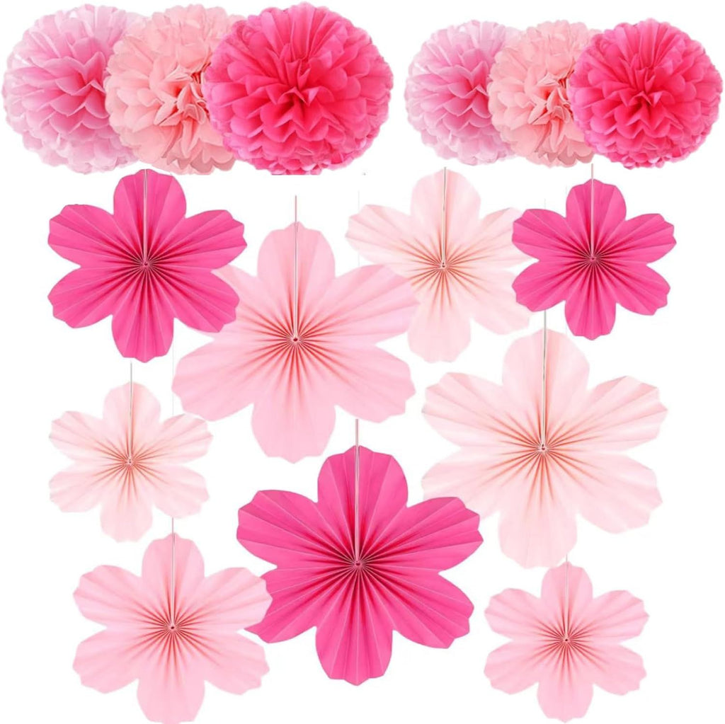 15PCS Pink Party Dressing Set, Tissue Paper Pom Poms Decorations and Hanging Pastel Flower Fan Suitable for Grad Birthday Wedding Party Wall Ceiling Decoration