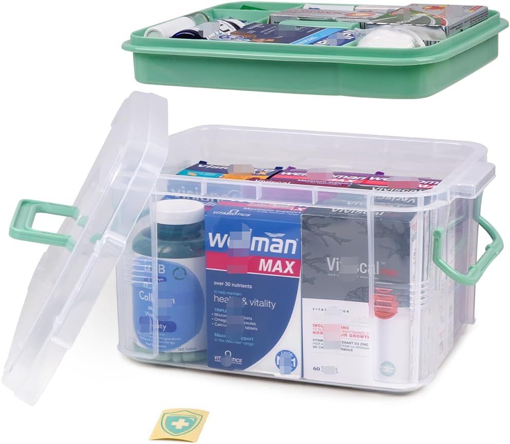 15qt Clear Medicine Organizer Storage Box with Handle, Plastic Empty First Aid Box with Tray, Multipurpose Medical Storage Container, Medication Organizer Chest for Home, Baby, Elderly, Dorm