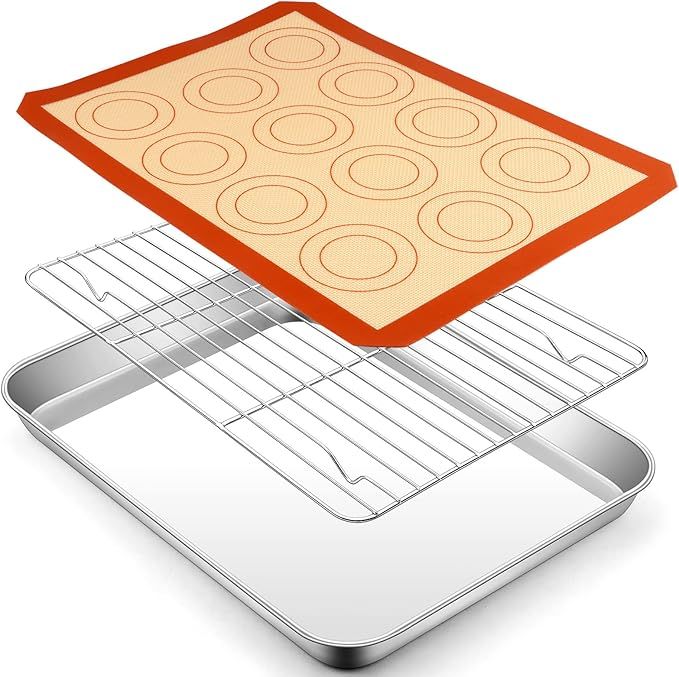 16 Inch Baking Oven Sheet Pan with Rack & Mat for Cookie, Stainless Steel Oven Sheet Tray Cooling Rack and Silicone Mat for Baking & Roasting, Dishwasher Safe & Healthy, 3Pcs